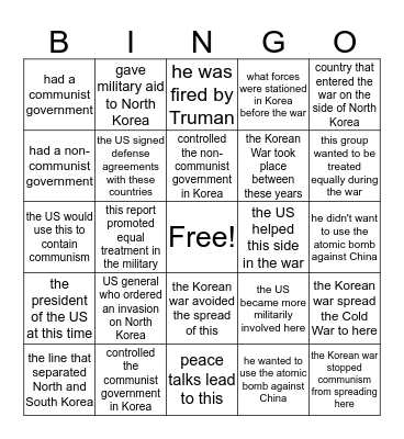 The Korean War Bingo Card