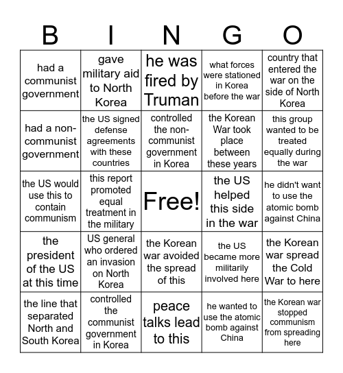 The Korean War Bingo Card