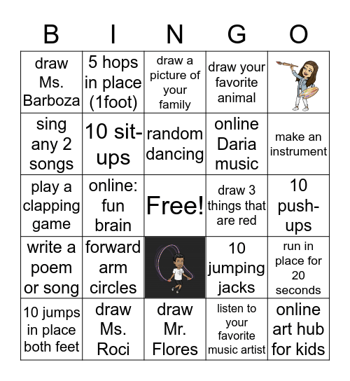 Art, Music, PE  Bingo Card