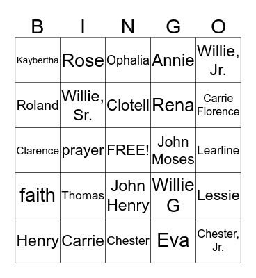 Boatwight-Stuckey Family Reunion Bingo Card