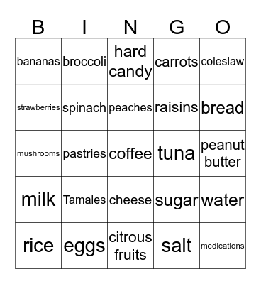 Oral Nutrition Bingo Card