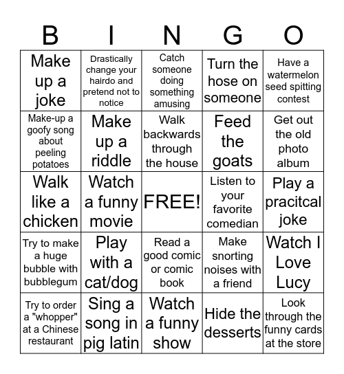 Sense of Humor Bingo Card