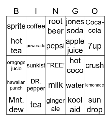 BEVERAGES!!  Bingo Card