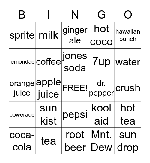 BEVERAGES!! Bingo Card