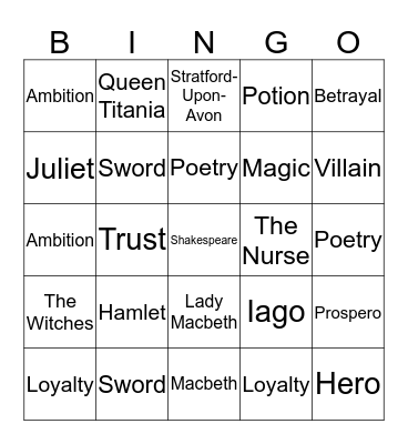 Shakespeare Bingo Card