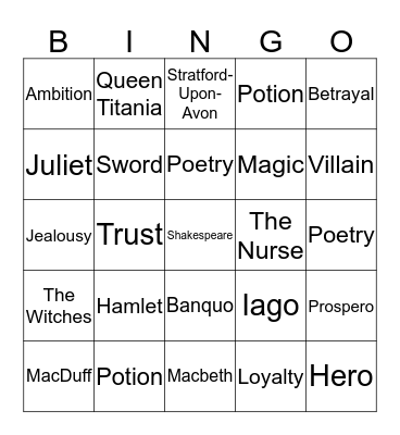 Shakespeare Bingo Card