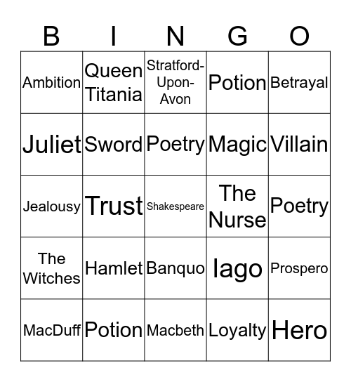 Shakespeare Bingo Card