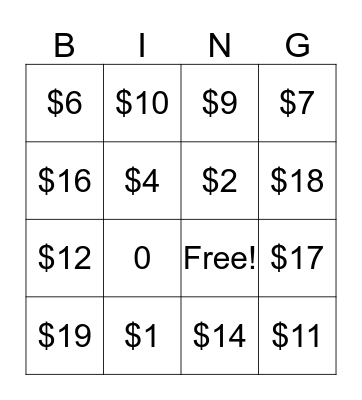 Money Bingo Card