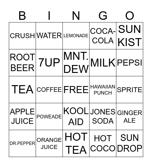 BEVERAGES!! Bingo Card