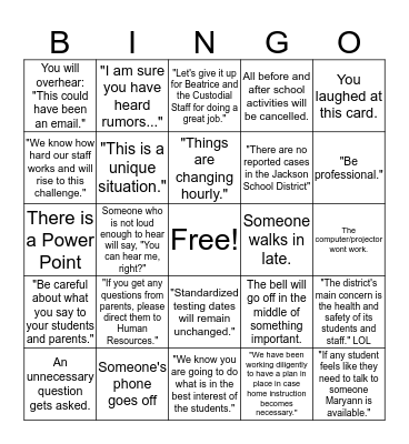 COVID-19 BINGO Card