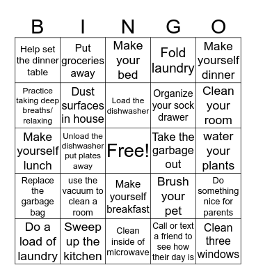 Home Work Bingo Card