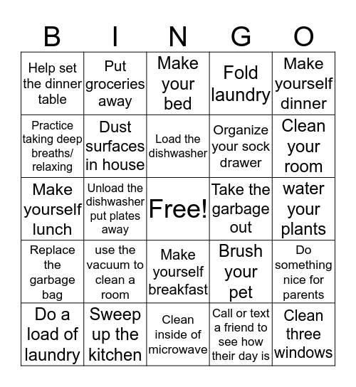 Home Work Bingo Card