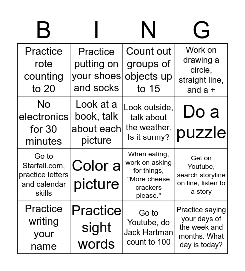 Shelby Home Learning Bingo Card
