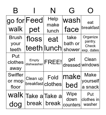 Daily Tasks and Chores Bingo Card