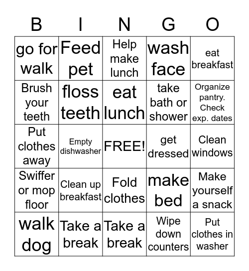 Daily Tasks and Chores Bingo Card