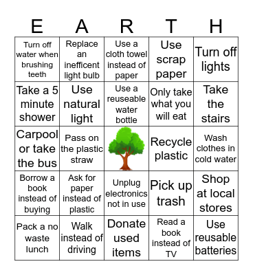 Earth Week Class Challenge Bingo Card