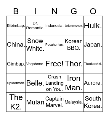 Minseo's. Bingo Card