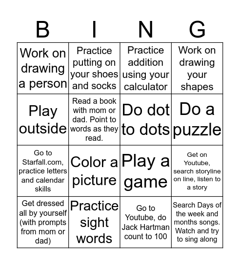 Justen Home Learning Bingo Card