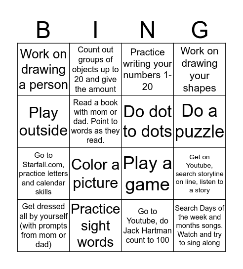 Payton Home Learning Bingo Card