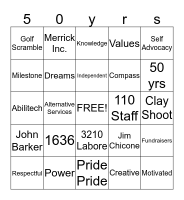 Merrick Inc. 50 yrs. Bingo Card