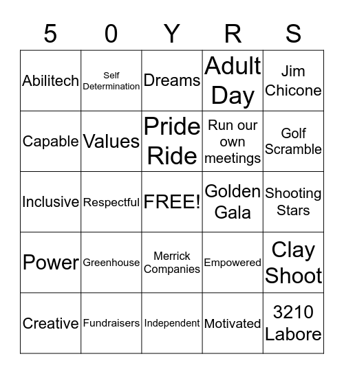 50 Yrs. Merrick Inc. Bingo Card