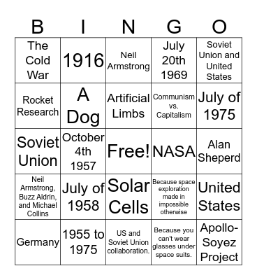Space Race Bingo Card
