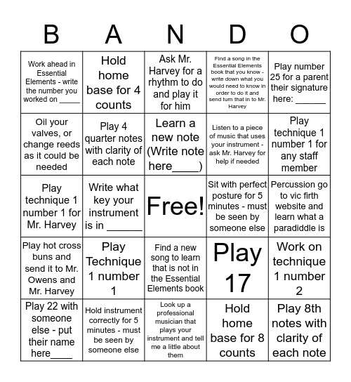 6th Grade Band  Bingo Card