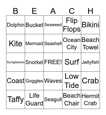 Fila's Beach Potluck Bingo Card