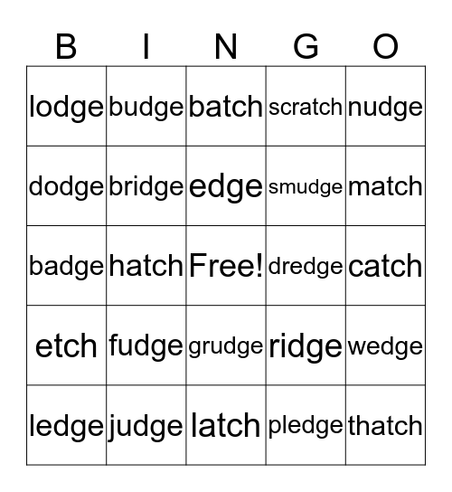 -tch & -dge Words Bingo Card