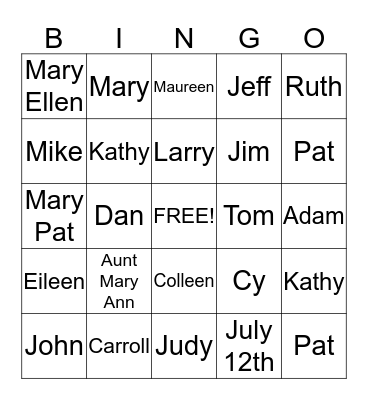 Clifford/Rohan Reunion Bingo Card