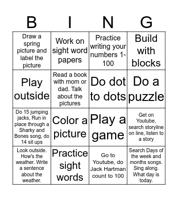 Raylan Home Learning Bingo Card
