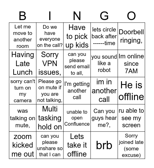 Remote working..  Bingo Card