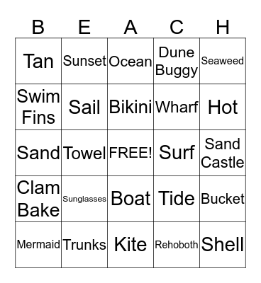 Fila's Beach Party Bingo Card