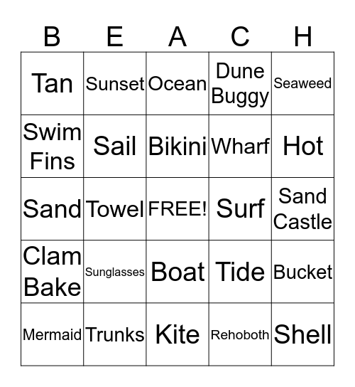 Fila's Beach Party Bingo Card
