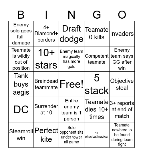 Smingo Bingo Card