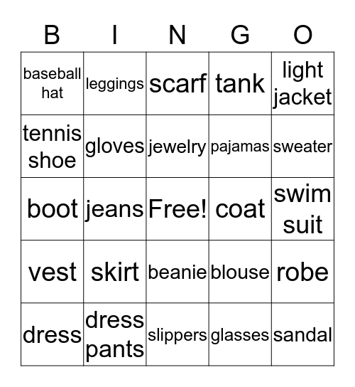 Clothes! Bingo Card
