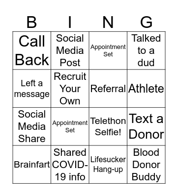 Versit Blood Drive Bingo Card