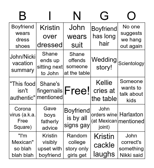 Nico' Night Out Bingo Card