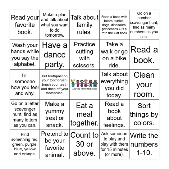 Early Learning Center Activity Card Bingo Card