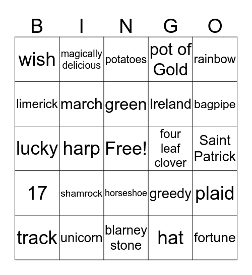 Saint Patrick's Day Bingo Card