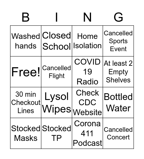 Coronavirus Bingo Card