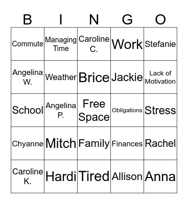 Barriers to Leisure Bingo Card