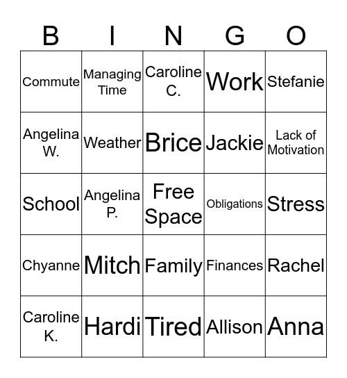 Barriers to Leisure Bingo Card