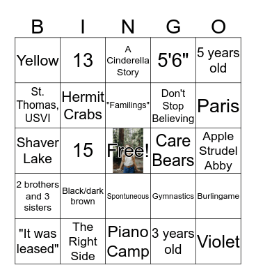 Abby's 16th Fun Facts Bingo Card