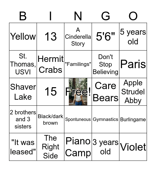 Abby's 16th Fun Facts Bingo Card