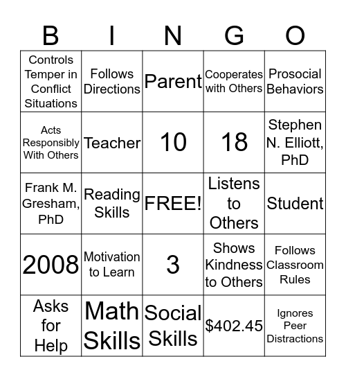 Social Skills Improvement System Bingo Card