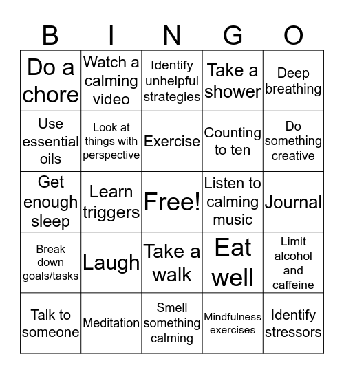 Anxiety Coping Strategies Bingo Card