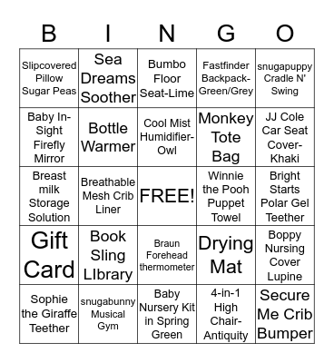 Barbara's Baby Shower Bingo Card