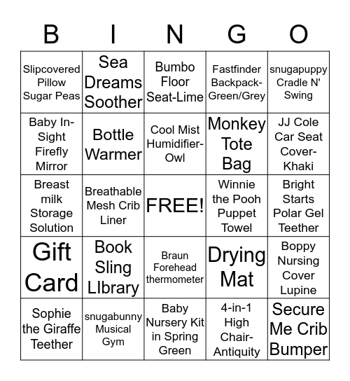 Barbara's Baby Shower Bingo Card