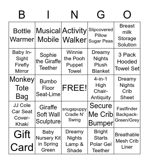 Barbara's Baby Shower Bingo Card
